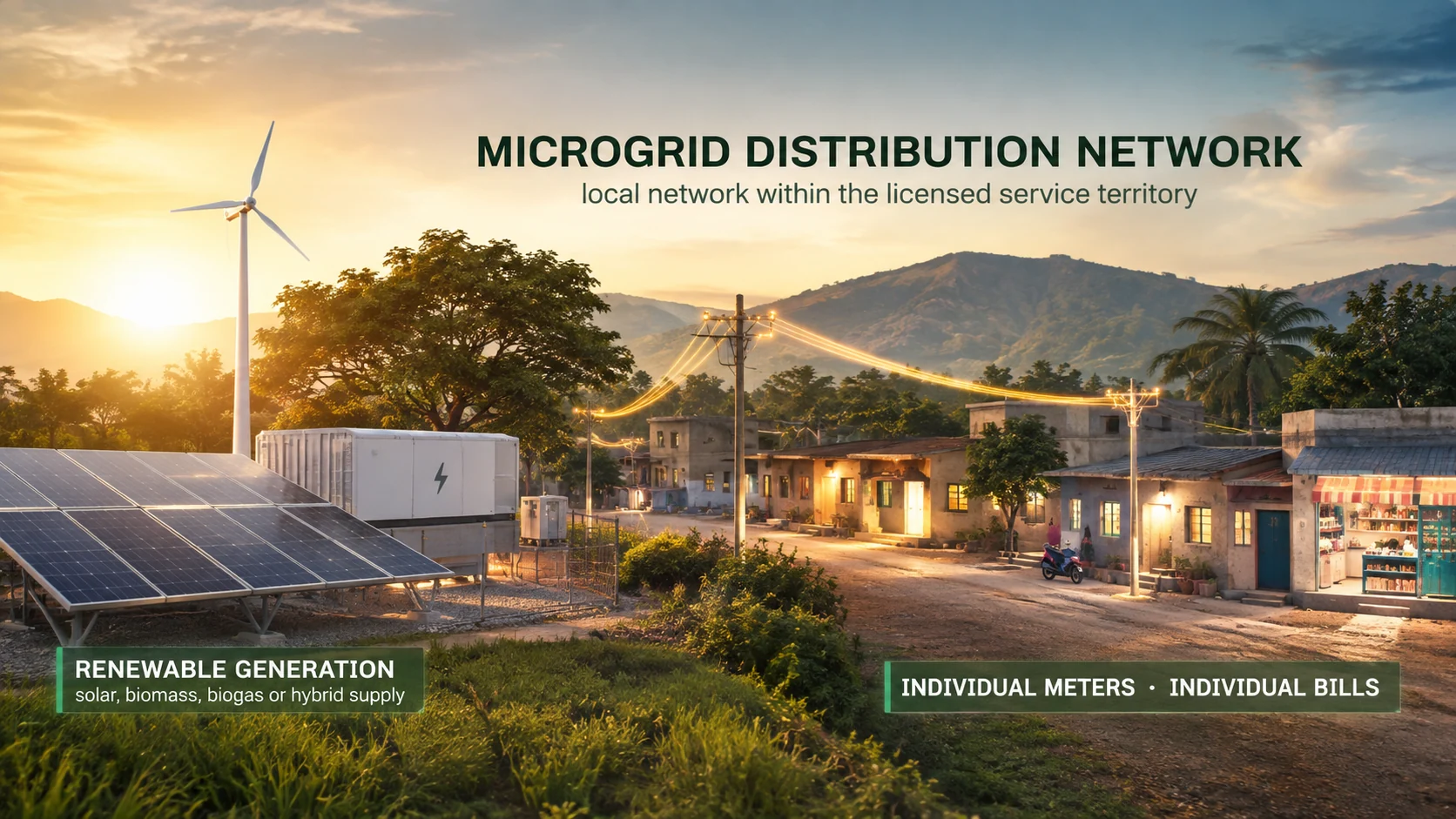 Photoreal rural microgrid with renewable generation, storage, distribution lines and a village